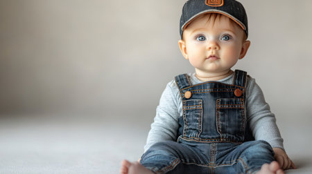 A cute baby enjoys a moment of curiosity while sitting comfortably on a soft surface.の素材
