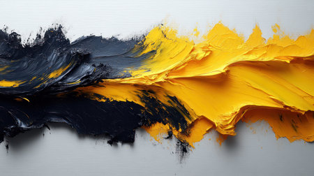 Bold, swirling strokes of black and yellow create striking visual movement on canvas.の素材