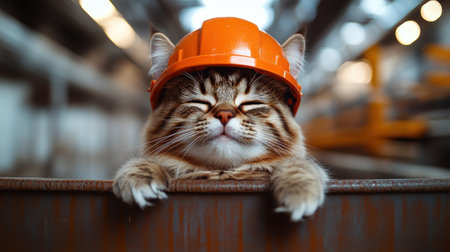 A playful tabby cat enjoys a sunny moment, donning a hard hat on the worksite.の素材