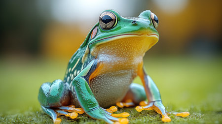 A striking green tree frog rests peacefully, revealing its colorful and textured skin.の素材