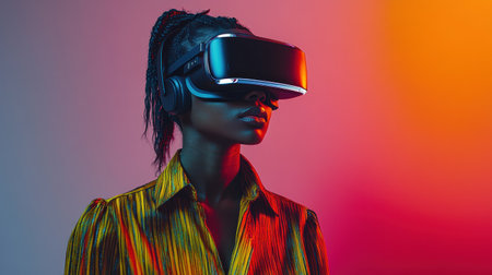 A young woman explores a vibrant virtual world with immersive tech.の素材