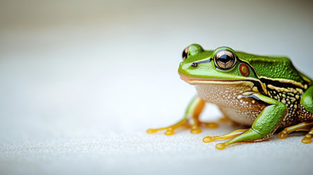 A striking green frog rests on a textured log amidst lush foliage.の素材