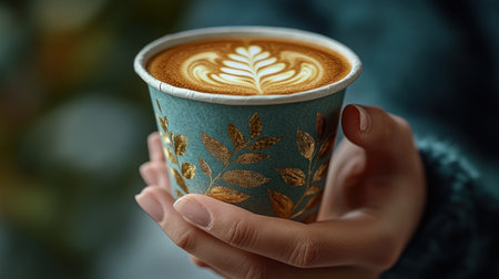 Enjoying a delicious latte adorned with intricate leaf art while relaxing in a cafの素材