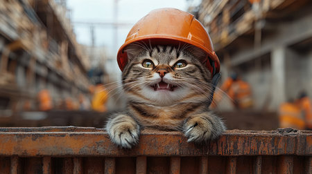 A playful ginger kitten relaxes with a hard hat on, bringing joy to a construction area.の素材