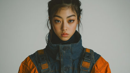 A young woman poses confidently in an industrial outfit with a serious expression.の素材