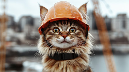 A cheerful cat in safety gear brings a fun vibe to a construction setting.の素材