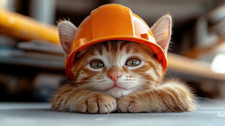 A cheerful cat wearing an orange construction helmet showcases its playful spirit.の素材