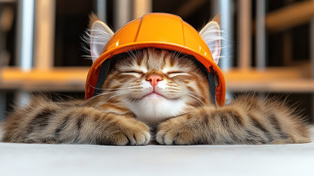 A small tabby kitten snoozes with a hard hat on, radiating cuteness and charm.の素材
