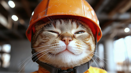 A cheerful cat in a hard hat enjoys the lively atmosphere on a construction site.の素材