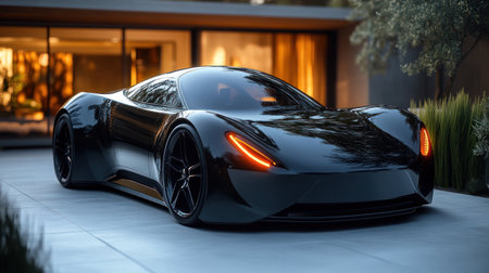 A sleek black luxury car stands elegantly in a chic indoor setting.の素材