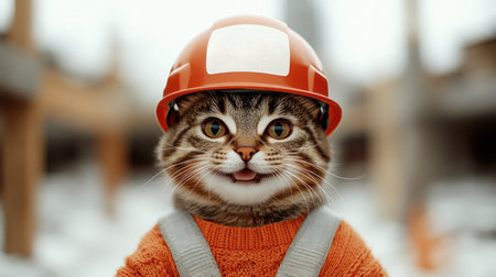 A playful kitten relaxes on metal bars, wearing a shiny orange helmet, looking cheerful.の素材