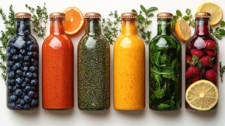A colorful display of jarred juices features fresh fruits and herbs.の素材