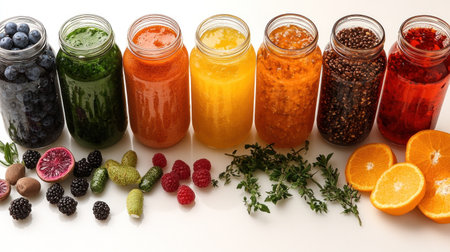 Colorful jars filled with infused drinks and fresh fruits create a healthy aesthetic.の素材