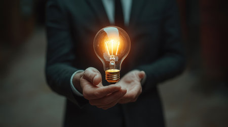 A glowing light bulb is cradled in a person's hand, representing ideas and inspiration.の素材