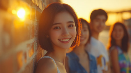 Warm light highlights the features of a young woman against a textured, illuminated wall.の素材