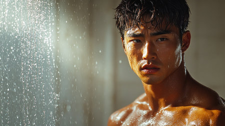 A man with a determined expression glistens with sweat, showing his dedication.の素材