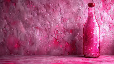 A striking pink bottle filled with bubbles sits on a pastel countertop.の素材