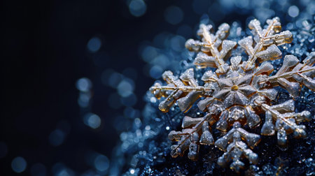 A stunning snowflake sparkles brilliantly against a dark, textured backdrop.の素材