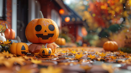 Colorful pumpkins glow amidst fallen leaves on a delightful autumn walkway.の素材
