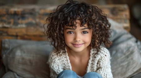 A joyful girl with curly hair relaxes on soft cushions, radiating happiness.の素材