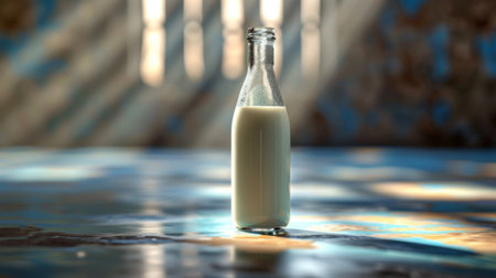 Fresh milk glows in the morning light, casting vibrant reflections on the table.の素材