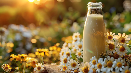 Golden sunlight shines on a bottle of milk nestled in blooming flowers.の素材