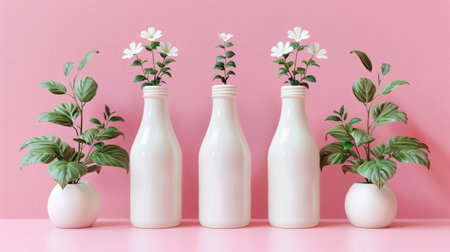 Delicate flowers emerge from milk bottles against a soft pink backdrop.の素材