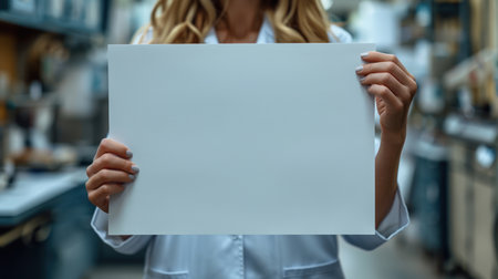A professional woman displays a blank sign in a contemporary lab.の素材