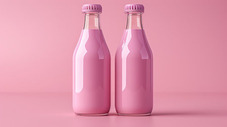 Two charming bottles of pink milk stand elegantly on a pastel backdrop.の素材