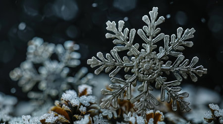 Delicate snowflakes adorn pine cones in a serene winter landscape.の素材