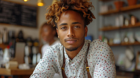 A stylish individual relaxes and smiles while sitting at a cafの素材