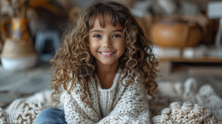 A cheerful child enjoys comfort in a cozy, rustic space.の素材