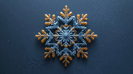Delicate snowflake adorned with golden embellishments rests on a dark blue surface.の素材