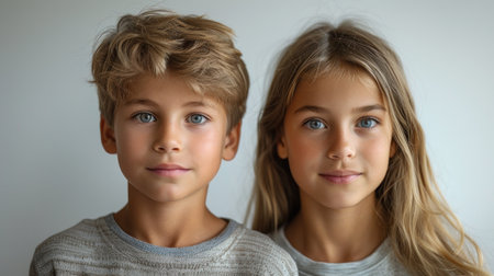 Young boy and girl pose together, showing their bright smiles and blue eyes.の素材