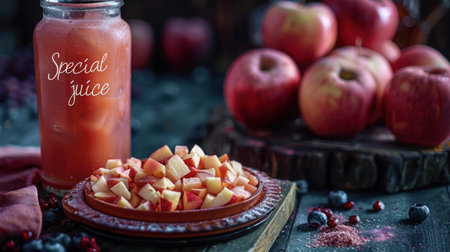 Delicious chopped apples beside a jar of refreshing special juice.の素材