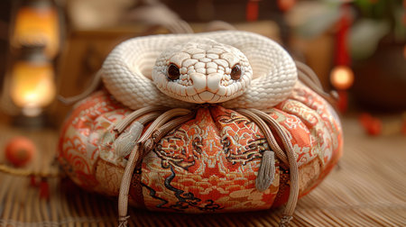 A calm white snake rests atop a vibrant cushion in warm, soft light.の素材