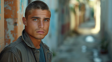 A young man gazes thoughtfully while leaning against a textured wall.の素材