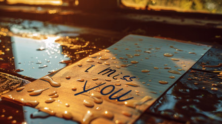 A note expressing longing lies amidst shimmering raindrops at sunset.の素材