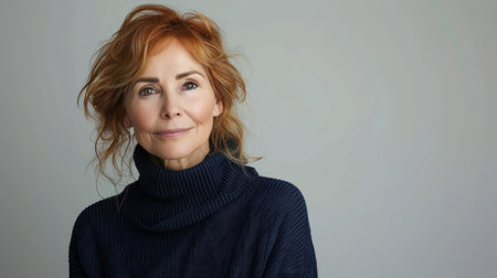 A confident woman smiles gently, radiating warmth and style amid a serene backdrop.の素材