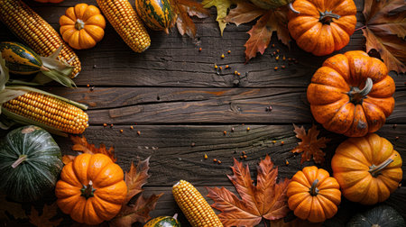 Colorful pumpkins and corn lie on a wooden table adorned with autumn leaves.の素材