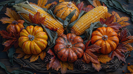 A lush display of pumpkins and corn surrounded by autumn leaves and pinecones.の素材