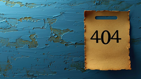 A vintage 404 sign hangs against a textured blue wall.の素材