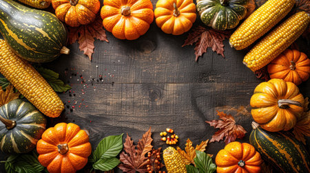 Vibrant gourds and corn arranged beautifully on a warm wooden surface.の素材