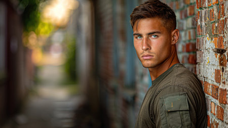 A young man strikes a powerful pose in a sunlit alleyway.の素材