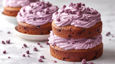 Two soft cakes layered with purple frosting create a delightful dessert.の素材