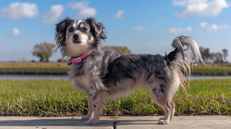 A small dog joyfully poses near water, wearing a pink collar, on a sunny day.の素材