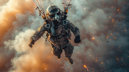Brave soldier descends through smoke and flames during a daring airborne operation.の素材