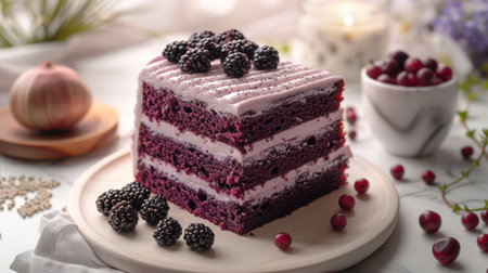A vibrant layer cake topped with blackberries and cranberries, invitingly presented.の素材