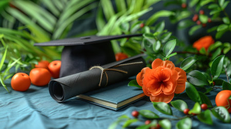 A graduation setup featuring a cap, flowers, and fruits amidst vibrant greenery.の素材