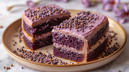 Delightful layers of rich purple cake topped with lavender frosting and sprinkles.の素材